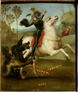 Saint George som kjemper med dragen Raphael (1483-1520/italiensk) Olje på trepanel - "" Saint Georges sliter med dragen""" Maleri av Raffaello Sanzio (Raphael) (1483-1520) 1505 Søn. 0,29x0,25 m av Raphael