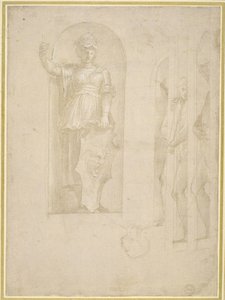 Studier for en figur av Minerva og andre statuer (sølvpunkt med hvit forhøyning på papir) av Raphael