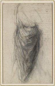 Studie for draperiet til en mann i bakkant (svart og hvitt kritt med brunsvart kritt, delvis stumpet, på blekt gulfarget papir) av Raphael
