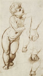 The Infant Christ and other Studies (penn og mørkebrunt blekk over foreløpige indikasjoner i ledepunkt, på hvitt papir) av Raphael