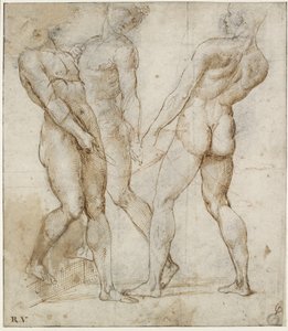 Tre nakenbærere (studie for entombment of Christ), WA1846.173 (penn og brunt blekk over svart kritt, med rødt kritt over geometriske indikasjoner) av Raphael