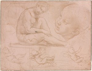 Studier av en sittende kvinne, barnehode og tre studier av en baby av Raphael