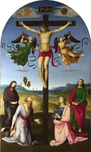 Den korsfestede Kristus med Jomfru Maria, hellige og engler av Raphael