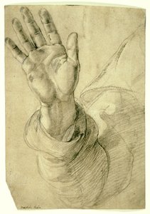 Høyre hånd, med håndflaten vendt utover: Study for Saint Peter, 1518-20 av Raphael