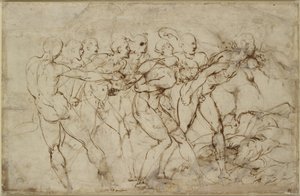 En kamp av nakne krigere med fanger, WA1846.179 (penn og brunt blekk over svart kritt) av Raffaello Sanzio Raphael
