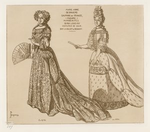 Hofkostymer. Marie Anne de Baviere, Dauphine av Frankrike, gift med sønnen til kong Ludvig XIV. Etter kunstverk i samlingen til Bonnart. av Raphael Jacquemin