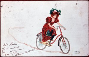 Postkort av en kvinne på sykkel - illustrasjon av R. Kirchner, v.1900