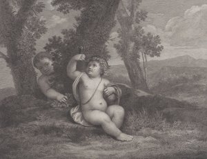 Spedbarnet Bacchus satt under et tre, holdt opp et vinglass, med et annet spedbarn bak..., 1780