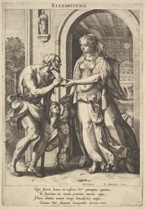 Almisse: en kvinne med perlehodeplagg og glorie gir brød til to mannlige tiggere, en be..., 1589.