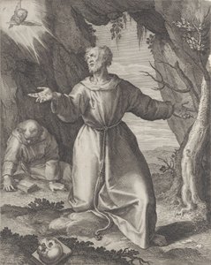 Saint Francis kneler med armene utstrakt, ser mot en kjerub øverst til venstre,..., 1599.