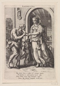 Veldedighet Eleemosyna (tittel på objekt) Seks kristne dyder (serietittel) av Raphaël Sadeler (I)