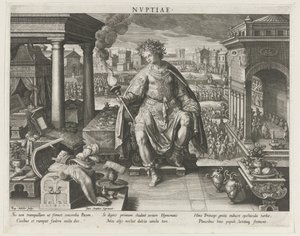 Nuptiae som personifisering av ekteskapet Nvptiae (tittel på objekt) Hovedaktiviteter til en prins (serietittel) Schema, seu speculum principum (serietittel) av Raphaël Sadeler (I)