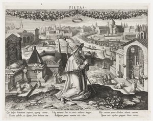 Pietas som personifiseringen av fromhet Pietas (tittel på objekt) Hovedaktiviteter til en prins (serietittel) Schema, seu speculum principum (serietittel) av Raphaël Sadeler (I)