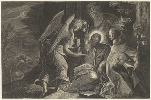 Kristus blir trøstet i Getsemane av en engel, Saint Dominic og Saint Catherine of Siena Lydighetens speil Perfectissimvm Obedientiae Specvlvm (tittel på objekt) Speil av lydighet, kyskhet og fattigdom (serietittel) av Raphaël Sadeler (II)