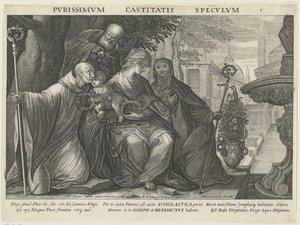 Hellig familie med Saint Benedict og Saint Scholastica Kyskhetens speil Pvrissimvm Castitatis Specvlvm (tittel på objekt) Speil av lydighet, kyskhet og fattigdom (serietittel) av Raphaël Sadeler (II)
