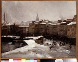 Quai du port, Marseille, under snøen Maleri av Raymond Allegre (1857-1933) Mål 56x74 cm. Obligatorisk omtale: Hilsen de Provence Marseille foundation collection av Raymond Allegre