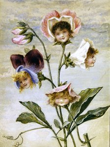 Geranium & Sweet Pea - Blomsterbarn - et par (akvarell og kroppsfarge på papir) av Rebecca Coleman