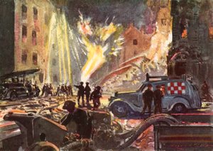 Brannmenn fra det britiske nasjonale brannvesenet i krigstid som håndterer en brennende gassledning under Blitz, andre verdenskrig