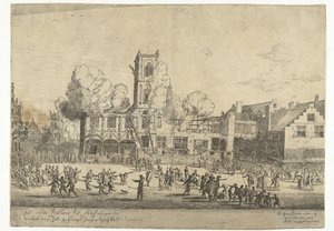 Brann i det gamle rådhuset i Amsterdam Det gamle Stathuis til Amsterdam brant ned 7. juli søndag morgen klokken halv tre Ao 1652 (tittel på objekt)