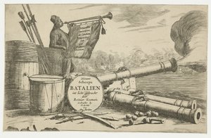 Tittelside med utstyr til et krigsskip og en trompetist Nouvelles innovations de Combats Navaeles av Reinier Zeeman (tittel på objekt) Nieuwe Scheeps Batalien brakt frem i lyset av Reinier Zeeman (tittel på objekt) Nytt skip Batali