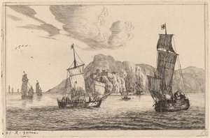 Havnescene med fjellaktig bakgrunn av Reinier Nooms, called Zeeman