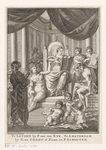 Allegorisk representasjon med historie, sannhet, eldgammel kunnskap og klokskap Tyrkernes samtidshistorie (tittel på objekt) Tittelside for: S.n., Hedendagche historie eller Fortsettelsen av den generelle historie, 1767 av Reinier Vinkeles (I)