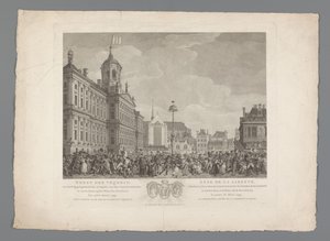 Frihetsfesten på Dam-plassen i Amsterdam, 4. mars 1795 Frihetsfesten, feiret, i anledning innvielsen av frihetstreet, i Amsterdam, på revolusjonsplassen, 4. mars 1795. Det første året for den bataviske friheten / Fête de la L