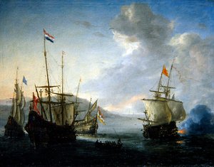 Et sjøforlovelse med sjømann i en robåt (olje på lerret) av Reinier Zeeman
