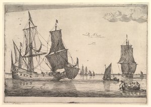 Stort seilfartøy og robåt, 1600-tallet.