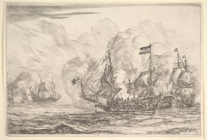 Sjømøte med tre fartøy til høyre, fra sjøslag Nieuwe Scheeps Bat..., 1652-54. av Reinier Zeeman