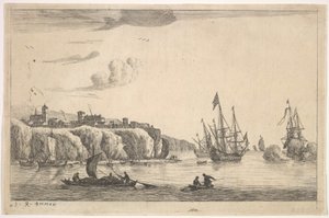 Havnehavn med landsby på en klippe, 1600-tallet.