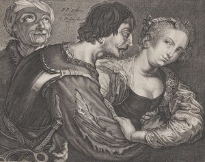 Innkjøperen: en gammel kvinne, en soldat og en kvinne, ca. 1635-68. av Reinier van Persyn