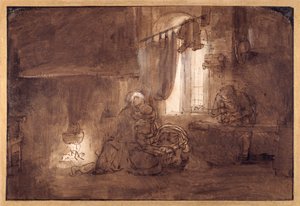Den hellige familie i snekkerbutikken (penn og blekk med vask på papir) av Rembrandt Harmensz. van Rijn (school of)