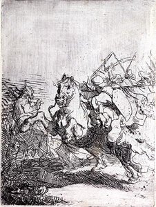 En kavalerikamp (penn og blekk på papir) av Rembrandt Harmensz. van Rijn