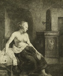 En kvinne som sitter halvkledd ved siden av en komfyr, 1658 av Rembrandt van Rijn
