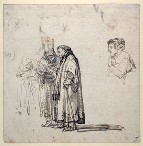En gruppe eldre lærde og, hver for seg, en yngre manns profil (penn og blekk på papir) (recto of 2636120) av Rembrandt Harmensz. van Rijn