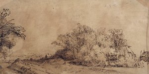 En grov vei langs diket med trær som skjuler en gård (penn og blekk med vask på papir) av Rembrandt Harmensz. van Rijn