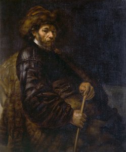 En sittende mann med en pinne (olje på lerret) av Rembrandt Harmensz. van Rijn