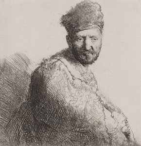 Skjeggete mann i orientalsk lue og kappe av Rembrandt van Rijn
