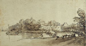 Bend in the Amstel nær Kostverloren House, tidlig på 1650-tallet (penn og blekk med vask og kroppsfarge på papir) av Rembrandt Harmensz. van Rijn