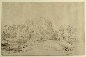 Kanal med båter, en dykvei og trær (rørpenn og blekk med vask på papir) av Rembrandt Harmensz. van Rijn