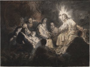 Christ and His Disciples in the Garden of Gethsemane, by Rembrandt van Rhijn (1606-1669). Pen, brush, grey and brown colour, watercolour on paper, ca 1634. Dimension : 35,7x47,8 cm. Teylers Museum, Haarlem   1313541   no       norwegian Successfully Transl av Rembrandt Harmensz. van Rijn