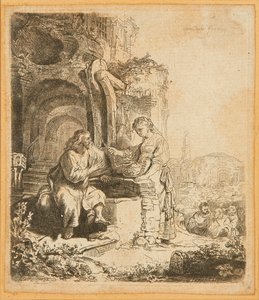 Kristus og kvinnen i Samaria, blant ruiner (radering) av Rembrandt Harmensz. van Rijn