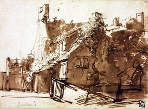Farmhouse in Sunlight - Rembrandt van Rhijn (1606-1669) - 1635-1636 - Penn, pensel, brun farge på papir - 16,4x22,3 cm - Szepmuveszeti Muzeum, Budapest av Rembrandt Harmensz. van Rijn
