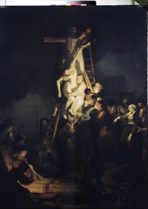 Nedstigningen fra korset (avsetning). Nedstigningen fra korset. Blant karakterene rundt Jesu Kristi kropp: Jomfru Maria, den hellige Nikodeme og den hellige Josef av Arimathea. Maleri av Harmenszoon van Rijn kjent som Rembrandt (1606-1669)