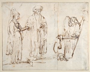 Laban bringer Lea til Jakob, med Jakob dekket av et fragment av en annen tegning; en engel med en hund liggende ved føttene hans av Rembrandt Harmensz. van Rijn