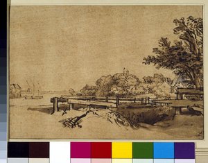 Landskap, ca. 1650 (penn og blekk og vask på papir) av Rembrandt Harmensz. van Rijn