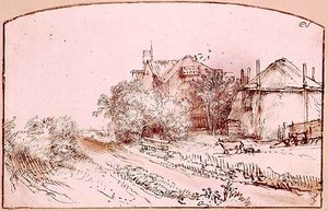 Landskap med hytte og Haybarn av Rembrandt Harmensz. van Rijn