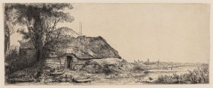 Landskap med en hytte og et stort tre av Rembrandt Harmensz. van Rijn