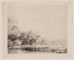 Landskap med en ku som drikker, ca. 1650 (etsing og tørrpunkt på elfenbensfarget papir) av Rembrandt Harmensz. van Rijn
